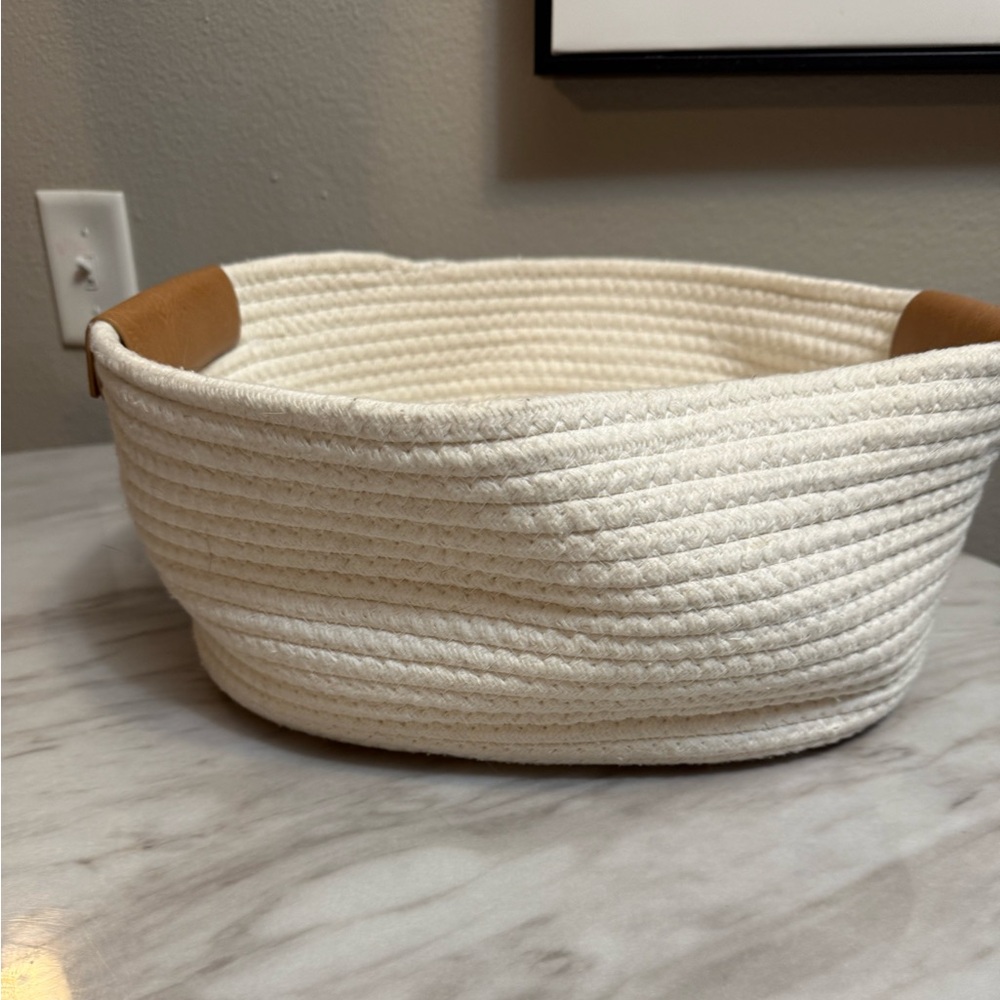 Threshold white cloth topped basket leather handles